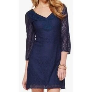 Lilly Pulitzer Navy Lace Dress Women's Medium 3/4 Sleeve V-Neck Sheath